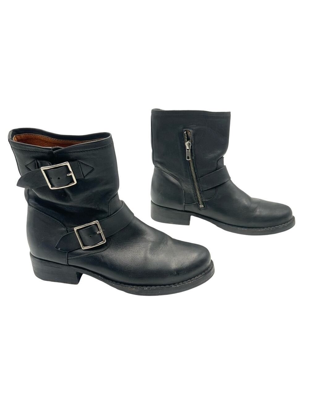 Frye Black Leather Moto Boots with Buckles